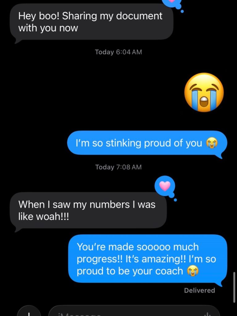 Text messages from a client sharing her before and after numbers