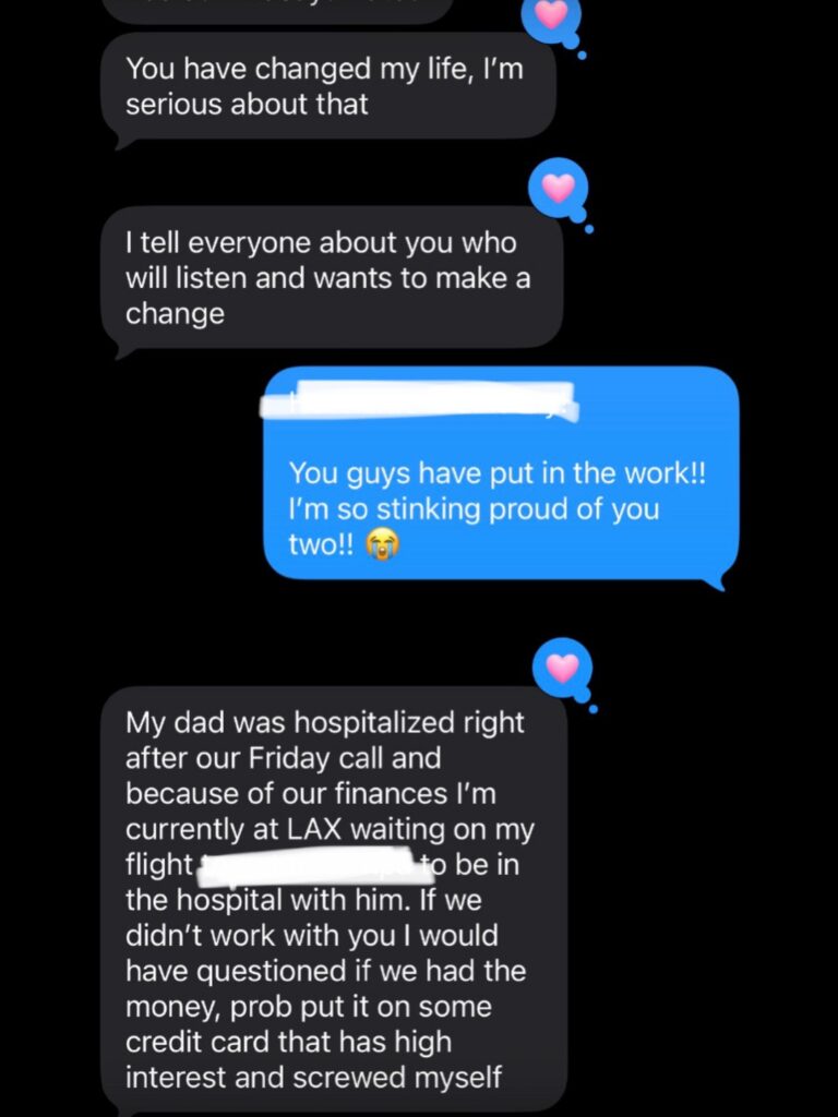 Text messages from a coaching client thanking Karen for changing her life