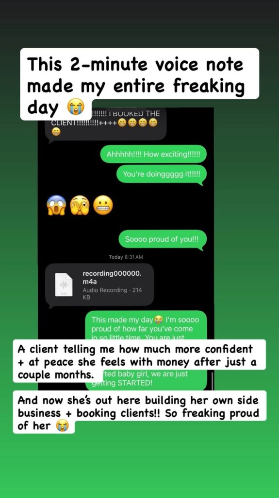 Text messages from a client who now feels confident and at peace with money