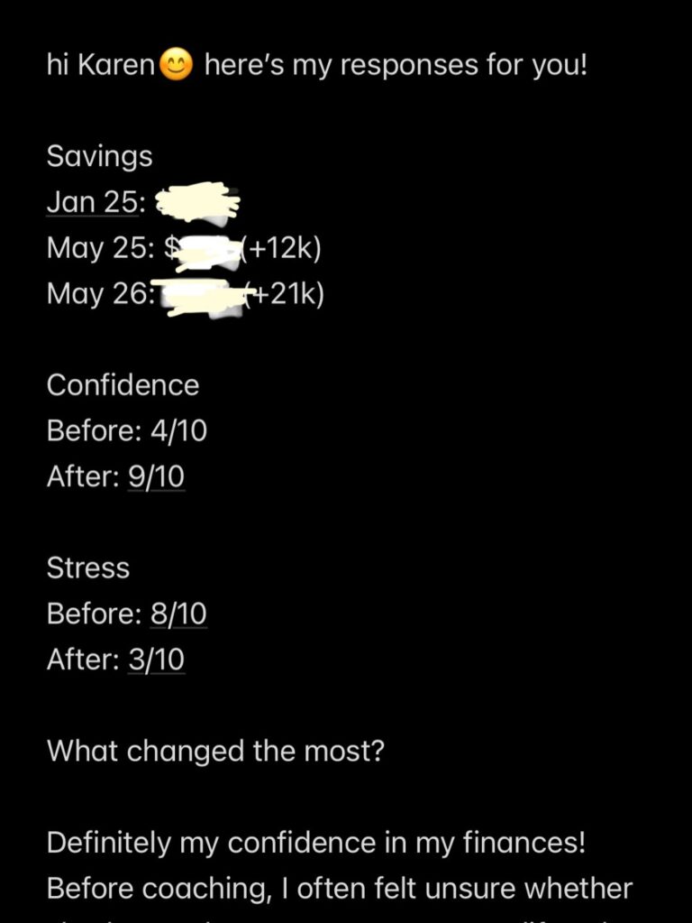 Client before and after coaching numbers showing savings growth and stress dropping from 8 to 3