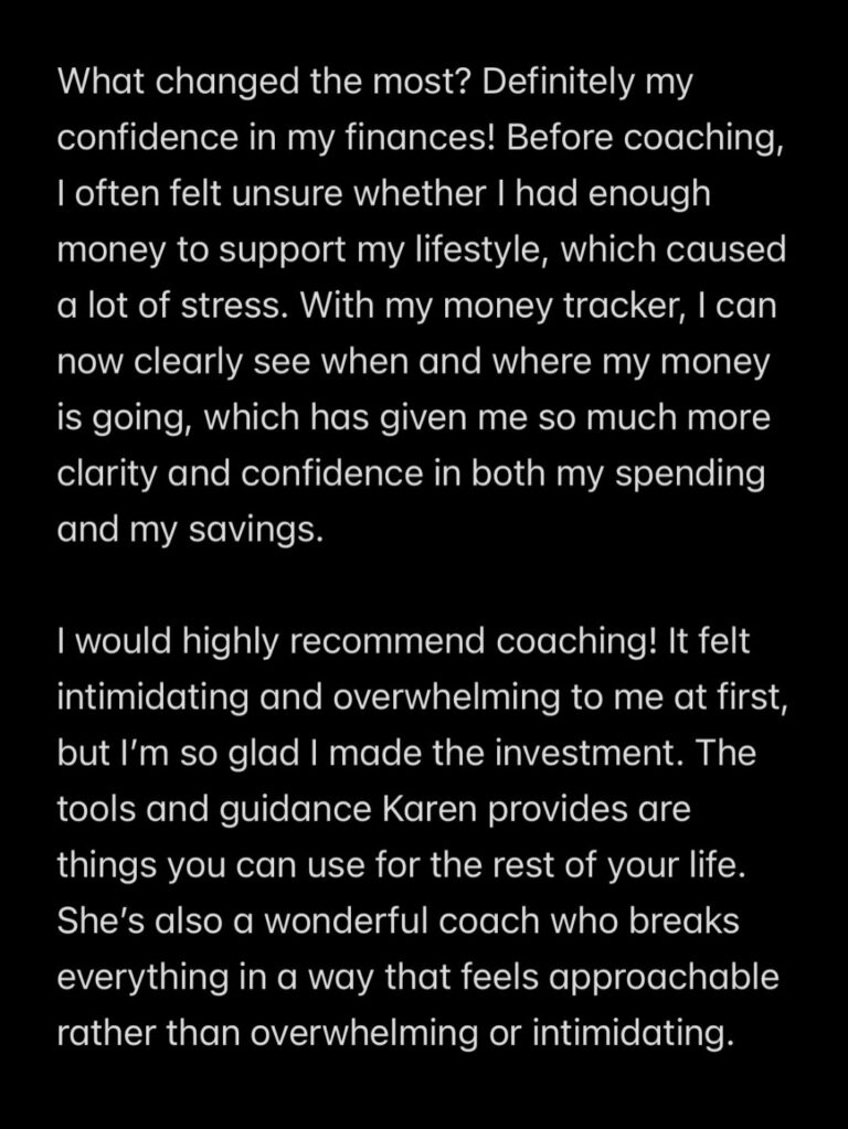 Client testimonial about gaining confidence in her finances after coaching